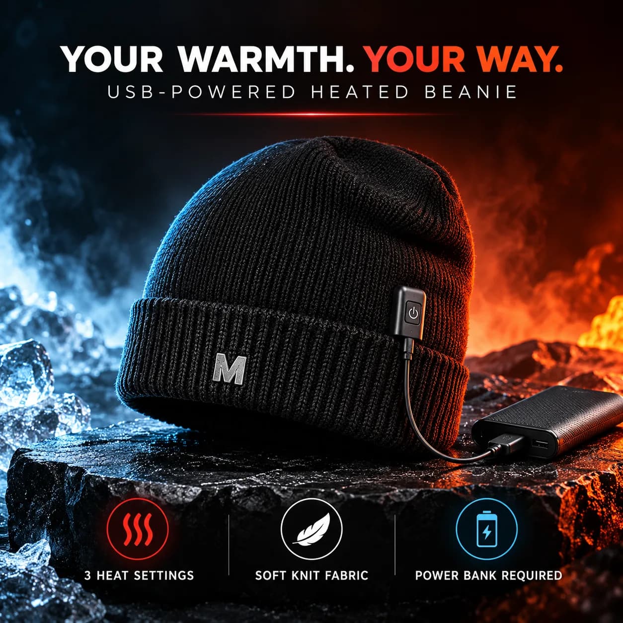 USB-Powered Heated Beanie Cap – 3-Level Temperature Control, Black Knitted Winter Hat