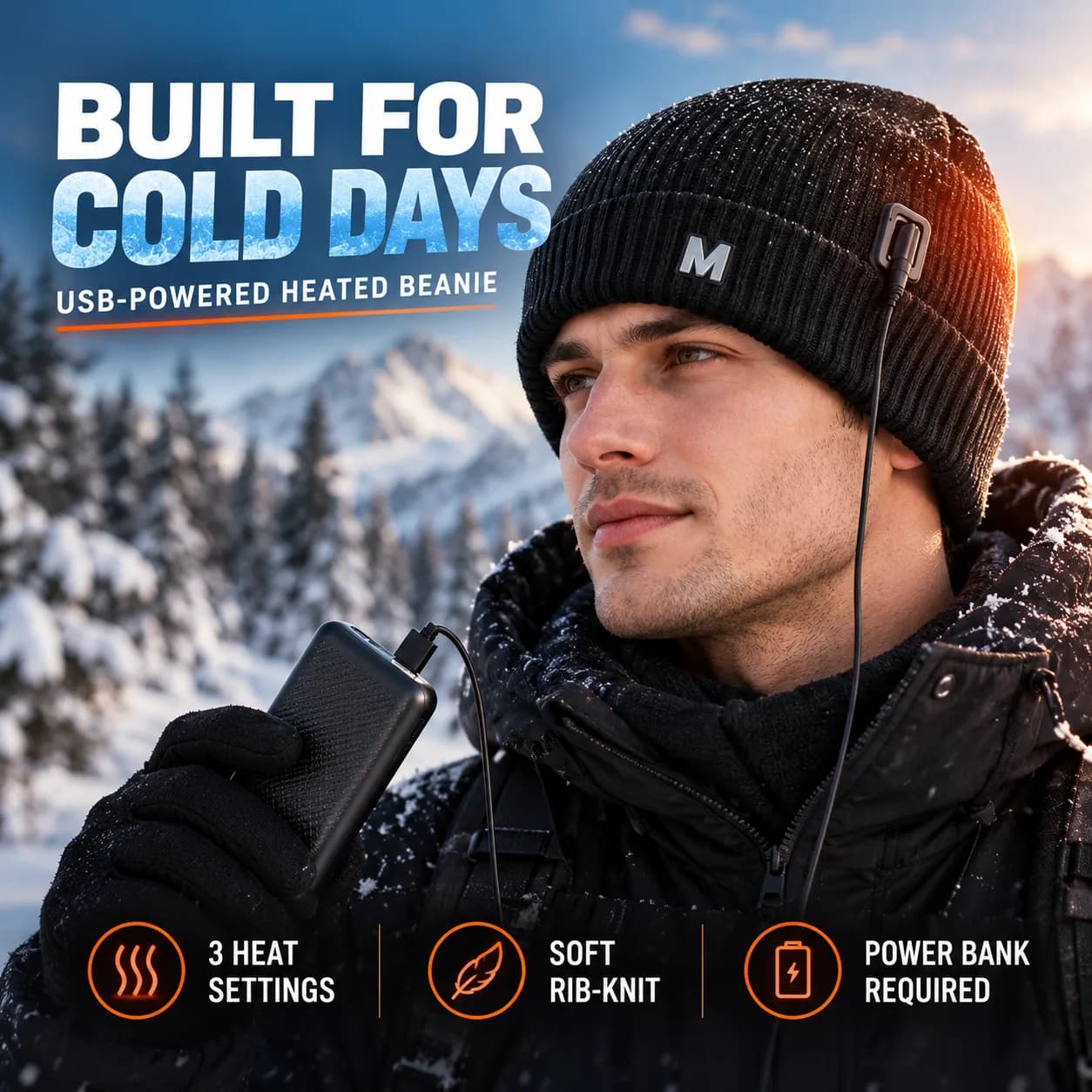 USB-Powered Heated Beanie Cap – 3-Level Temperature Control, Black Knitted Winter Hat image 2