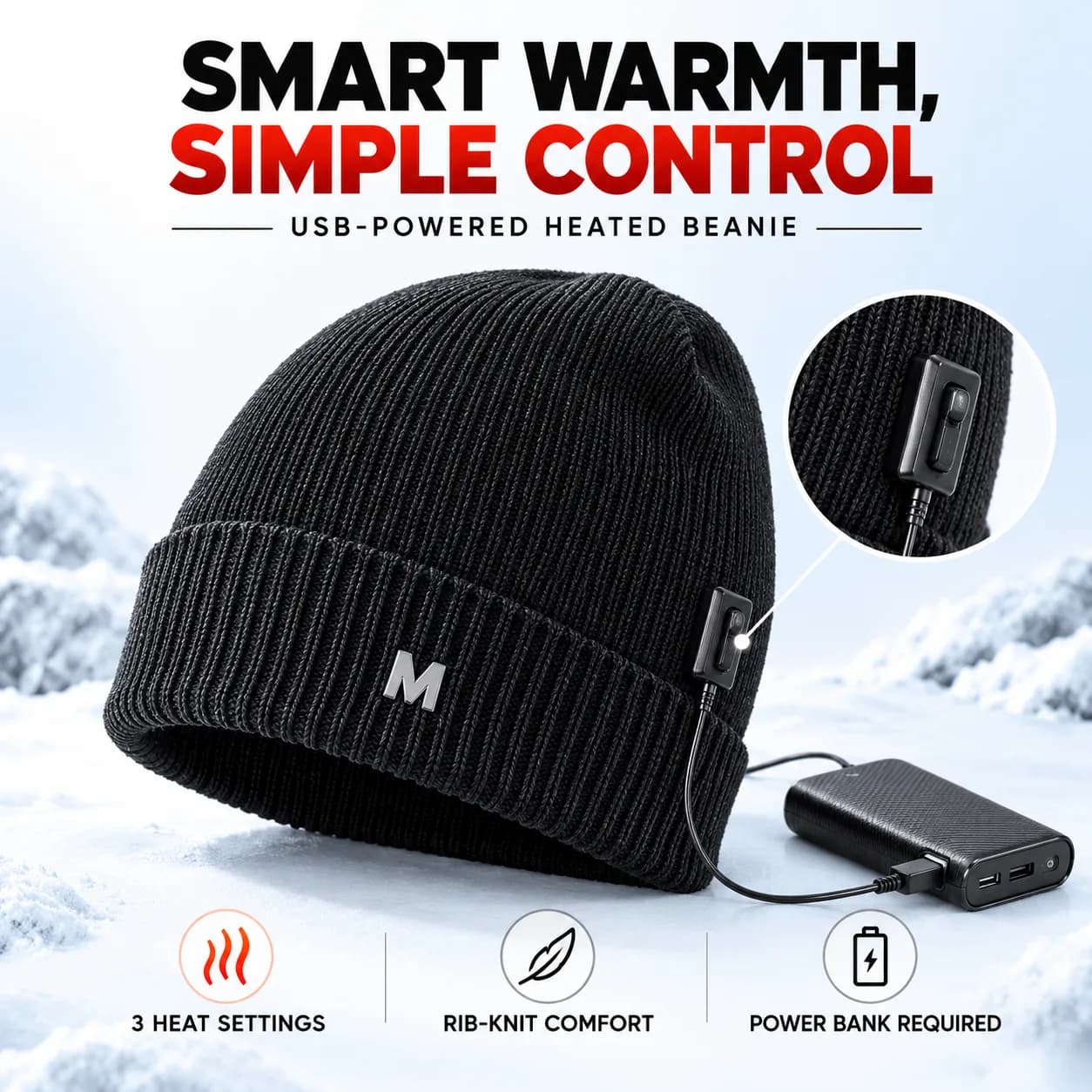 USB-Powered Heated Beanie Cap – 3-Level Temperature Control, Black Knitted Winter Hat image 4