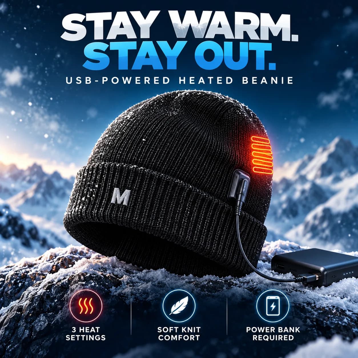 USB-Powered Heated Beanie Cap – 3-Level Temperature Control, Black Knitted Winter Hat image 5