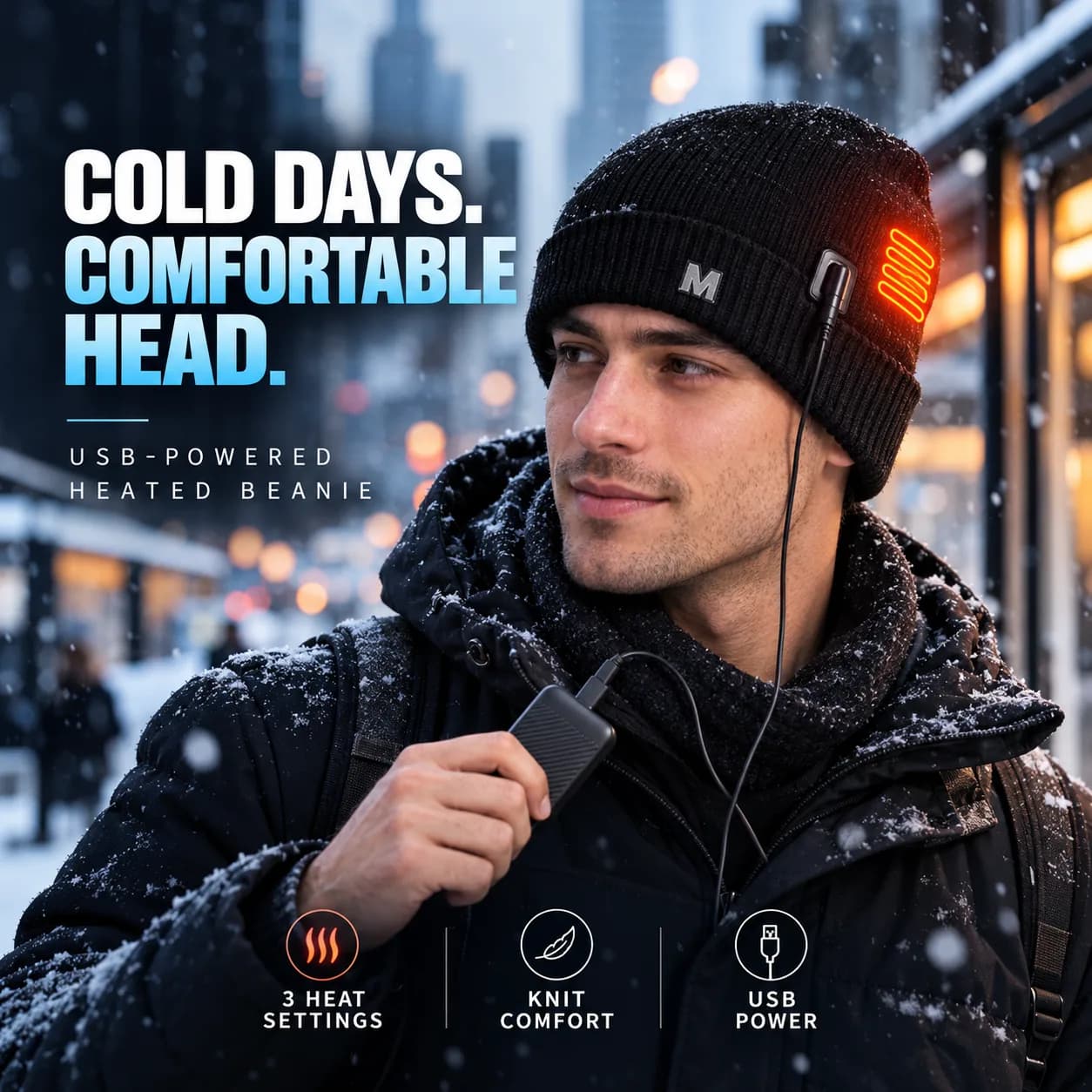 USB-Powered Heated Beanie Cap – 3-Level Temperature Control, Black Knitted Winter Hat image 6