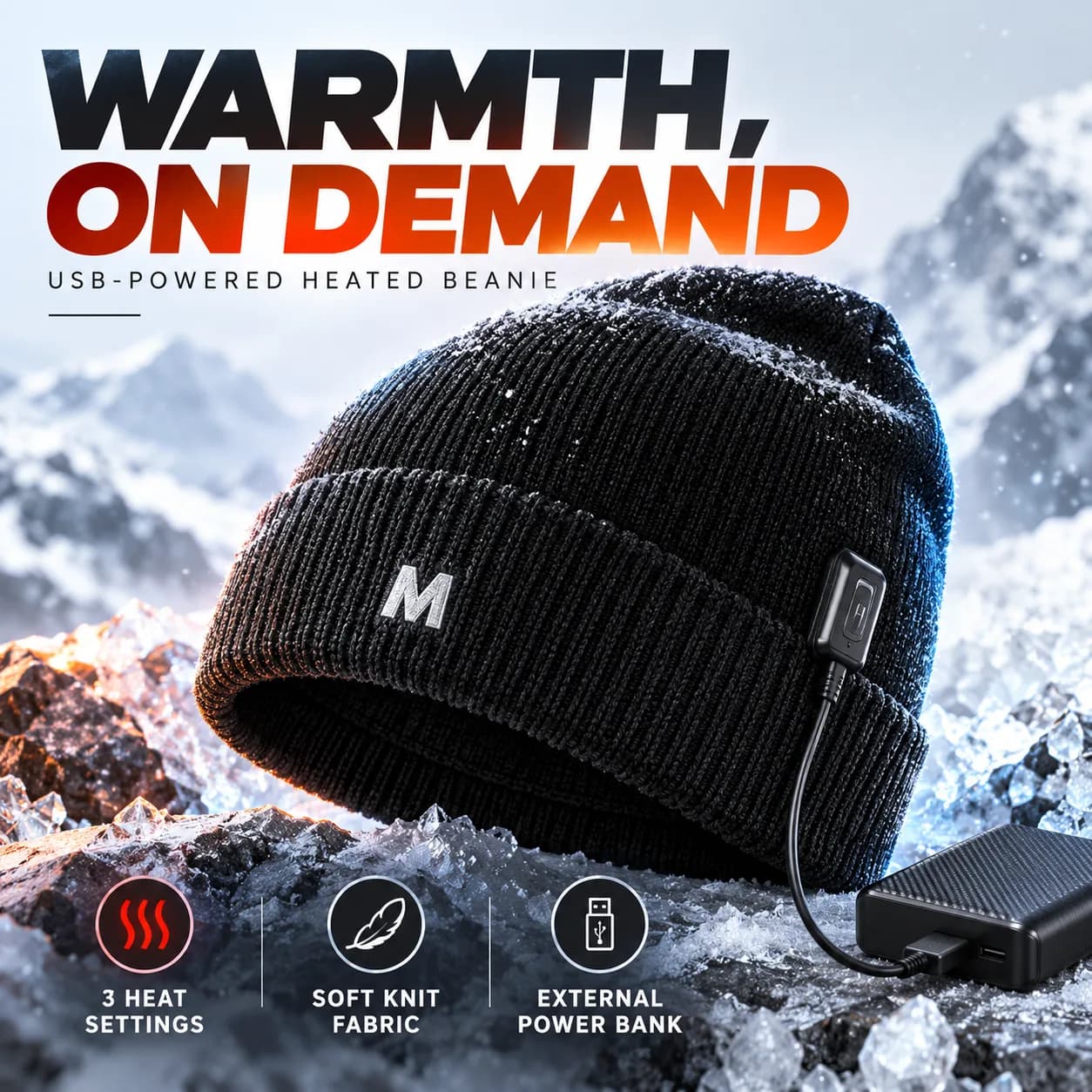 USB-Powered Heated Beanie Cap – 3-Level Temperature Control, Black Knitted Winter Hat image 7