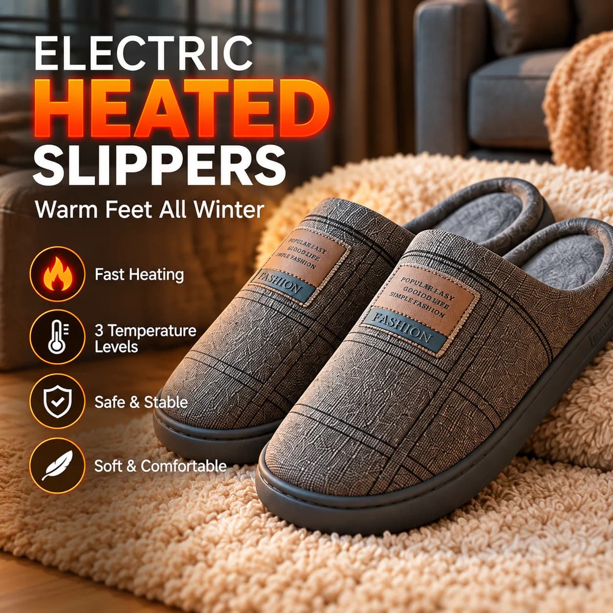 New electric heated men's cotton slippers, winter style, fleece-lined, heat-converting, warm, red-light sole heating, rechargeable warm shoes. image 2