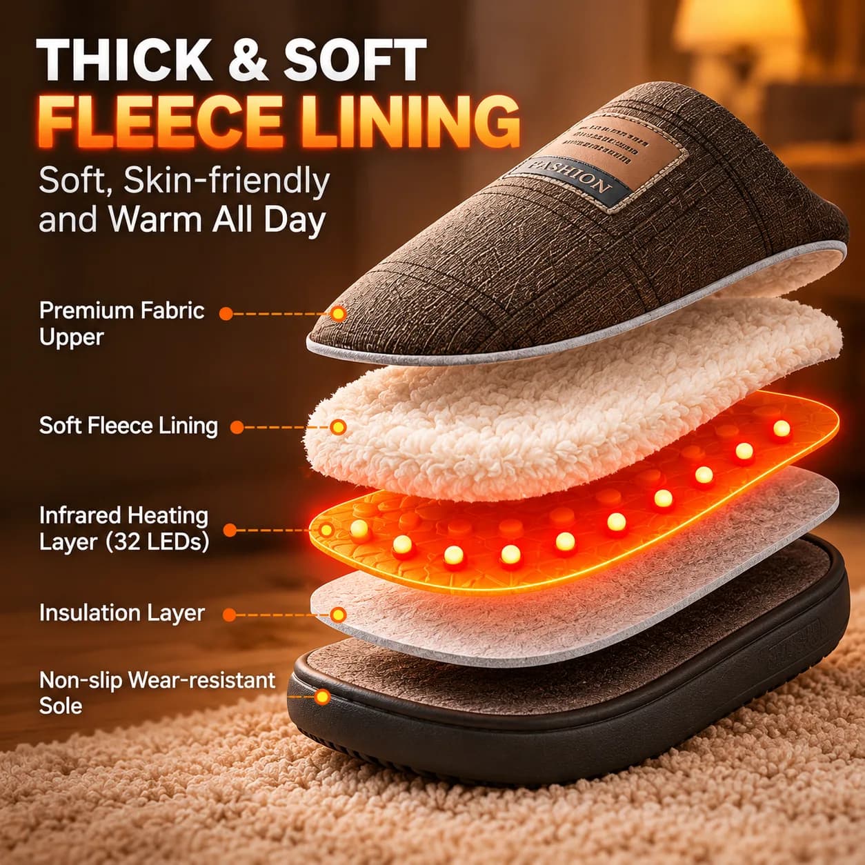 New electric heated men's cotton slippers, winter style, fleece-lined, heat-converting, warm, red-light sole heating, rechargeable warm shoes. image 4