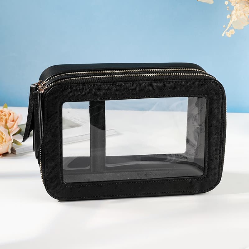 Double Layer Transparent PVC Cosmetic Bag Waterproof PU Large Capacity Portable Travel Makeup Storage Organizer Black thumbnail