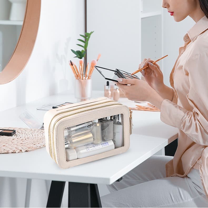 Double Layer Transparent PVC Cosmetic Bag Waterproof PU Large Capacity Portable Travel Makeup Storage Organizer image 13