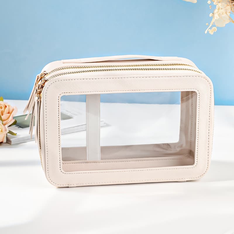 Double Layer Transparent PVC Cosmetic Bag Waterproof PU Large Capacity Portable Travel Makeup Storage Organizer white thumbnail