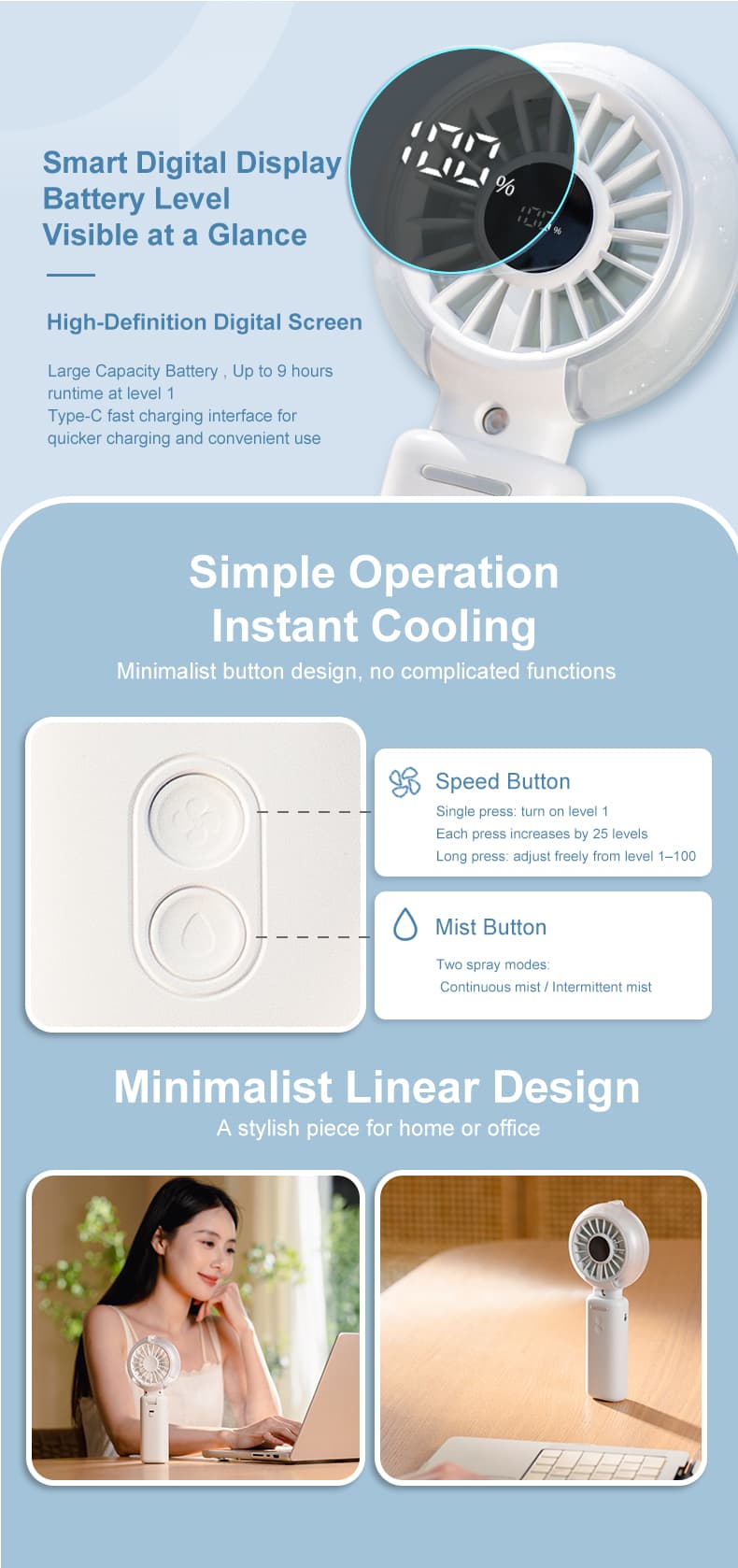 Y5 Handheld Foldable Mist Fan, Portable Mini Cooling Spray Fan with Digital Display image 12