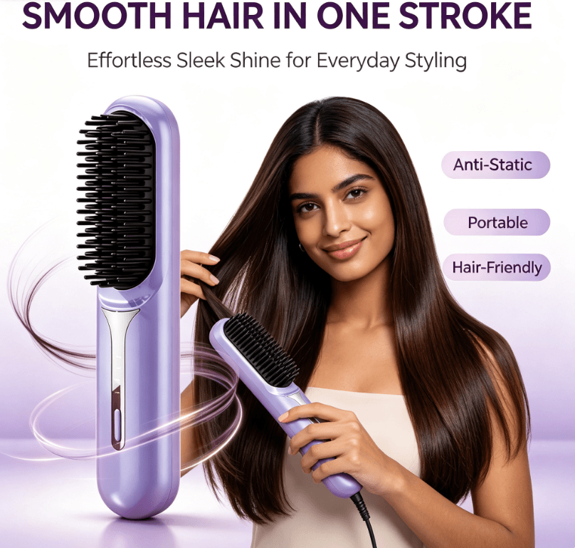 Cordless Hair Straightener Brush, Type‑C Rechargeable Portable Anti‑Scald Anti‑Static Wireless Hair Styling Comb for Travel Home