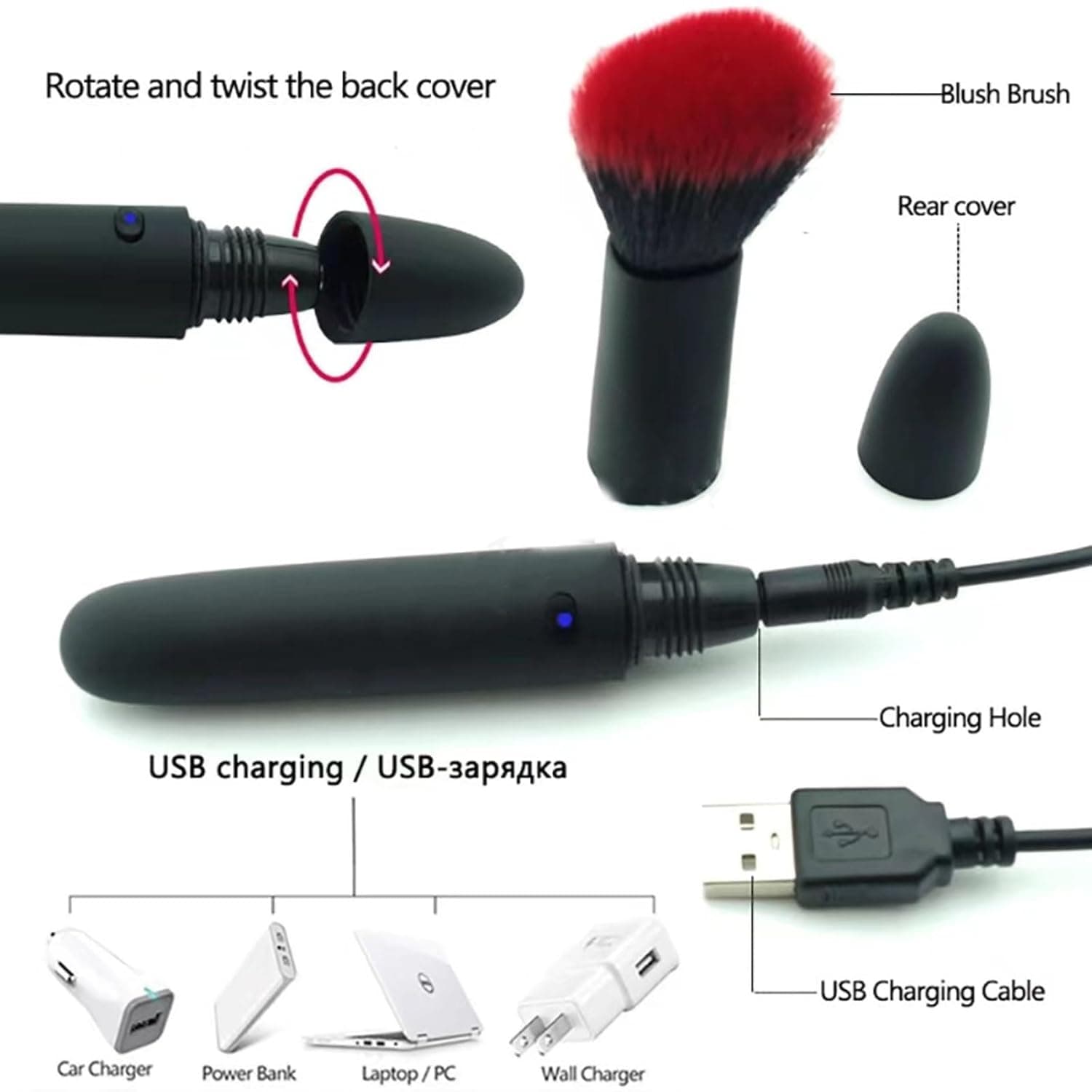 USB Rechargeable Electric Makeup Brush 10 Vibration Modes Soft Fluffy Foundation Blush Cosmetic Brush image 5