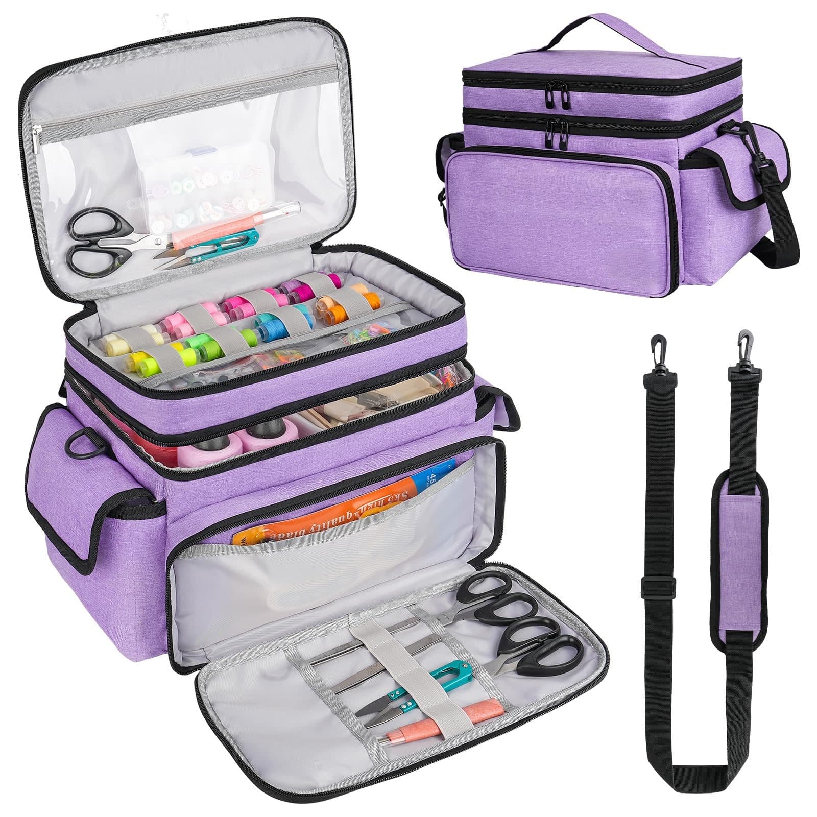Double Layer Sewing Supplies Storage Bag, Large Capacity Craft Organizer Tote with Removable Dividers, Adjustable Shoulder Strap #AA0BF3 thumbnail