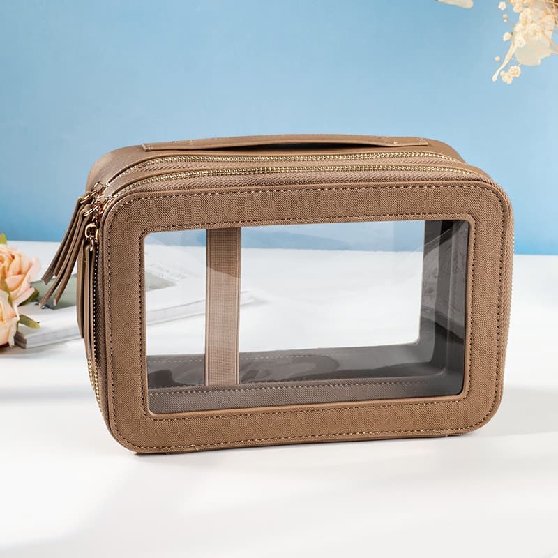 Double Layer Transparent PVC Cosmetic Bag Waterproof PU Large Capacity Portable Travel Makeup Storage Organizer khaki thumbnail