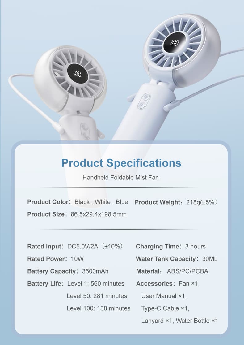 Y5 Handheld Foldable Mist Fan, Portable Mini Cooling Spray Fan with Digital Display image 13