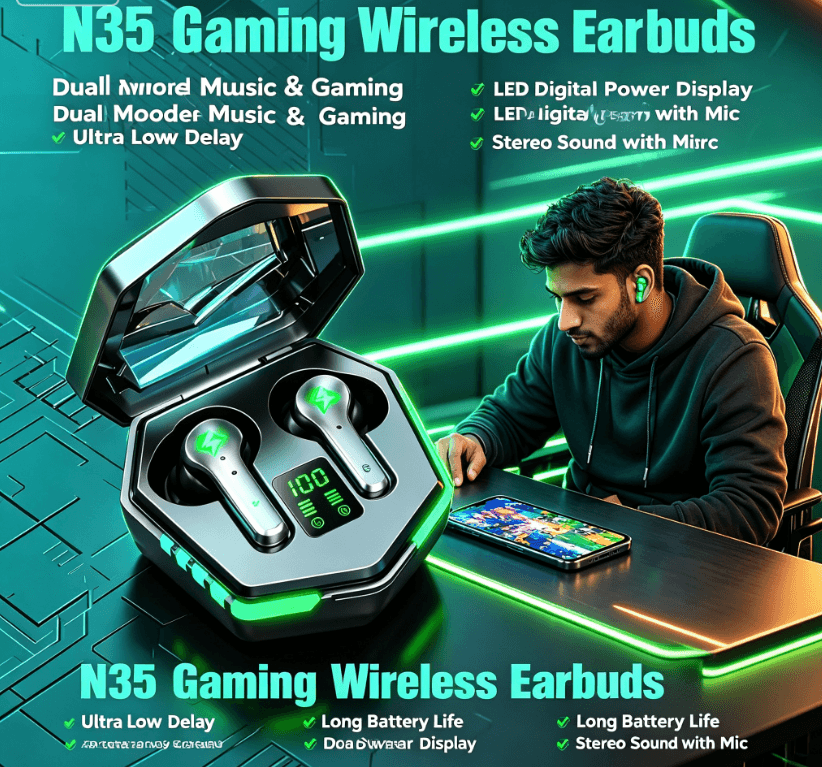 N35 Gaming Wireless Earbuds Bluetooth 5.3 Low Delay LED Display Dual Mode Stereo In-Ear Earphones with Mic