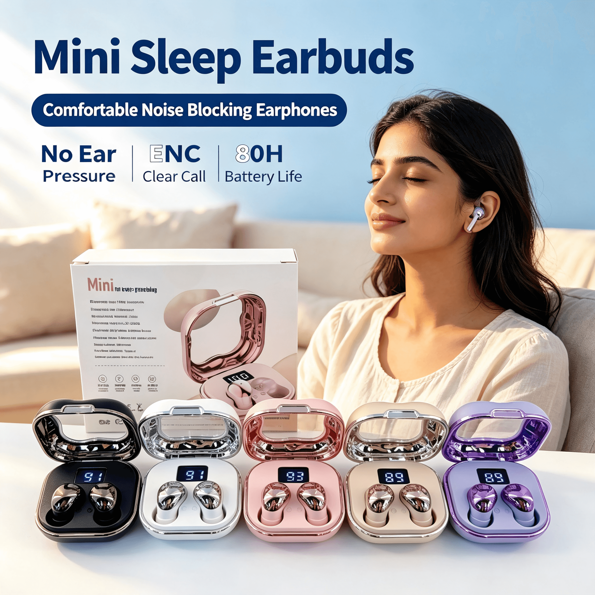 Mini Sleep Wireless Earbuds ENC Noise Cancelling Invisible Soft Silicone Bluetooth Headphones Digital Power Display