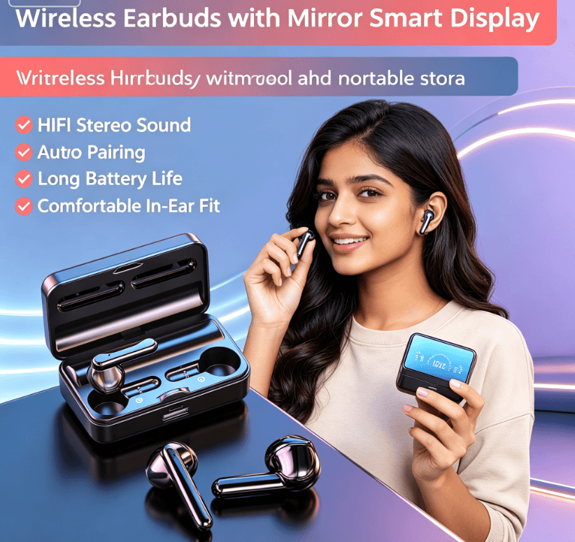 Bluetooth 5.1 Wireless Earbuds Smart Mirror Display HIFI Stereo Earphones Built-in Mic for Calls Gamin