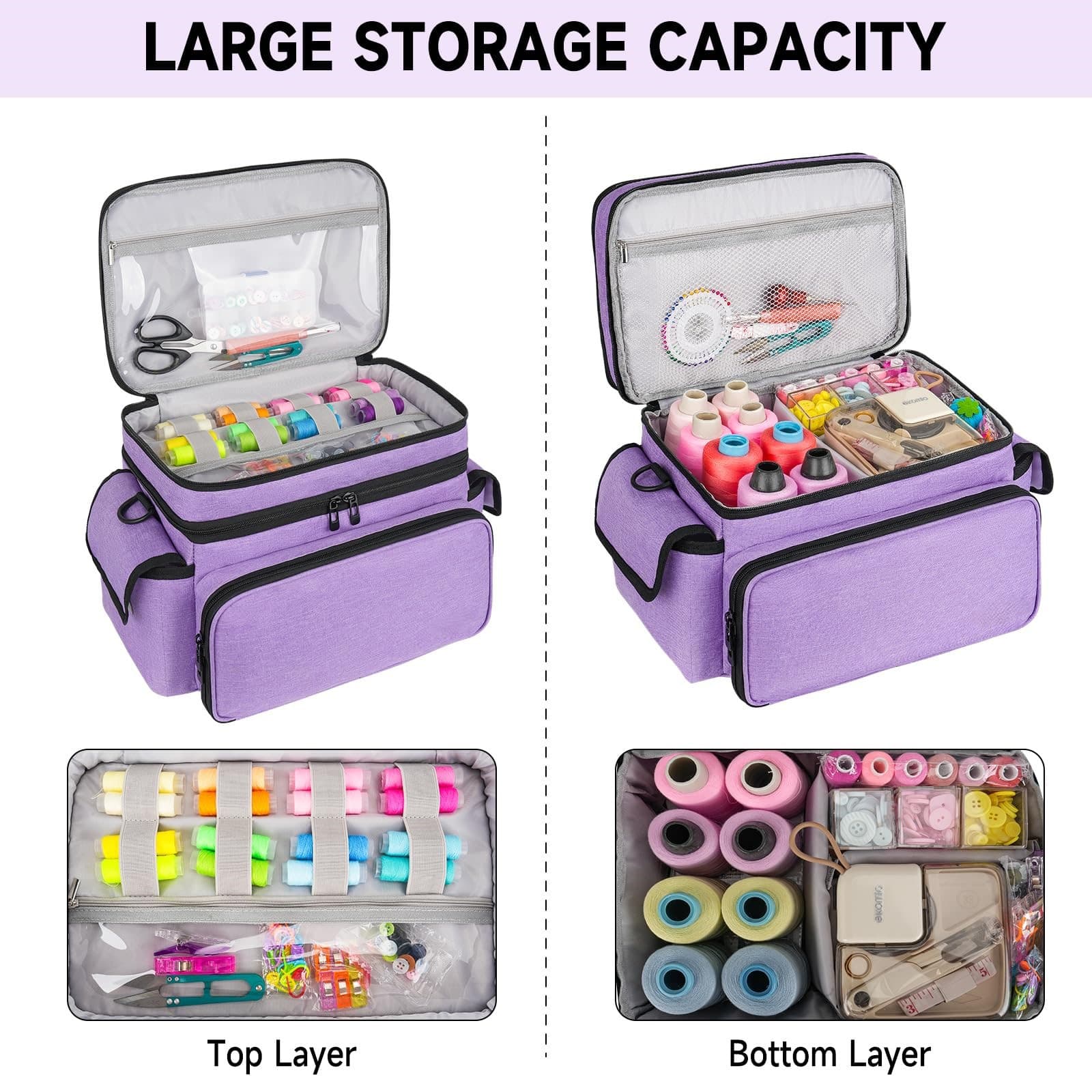 Double Layer Sewing Supplies Storage Bag, Large Capacity Craft Organizer Tote with Removable Dividers, Adjustable Shoulder Strap image 2