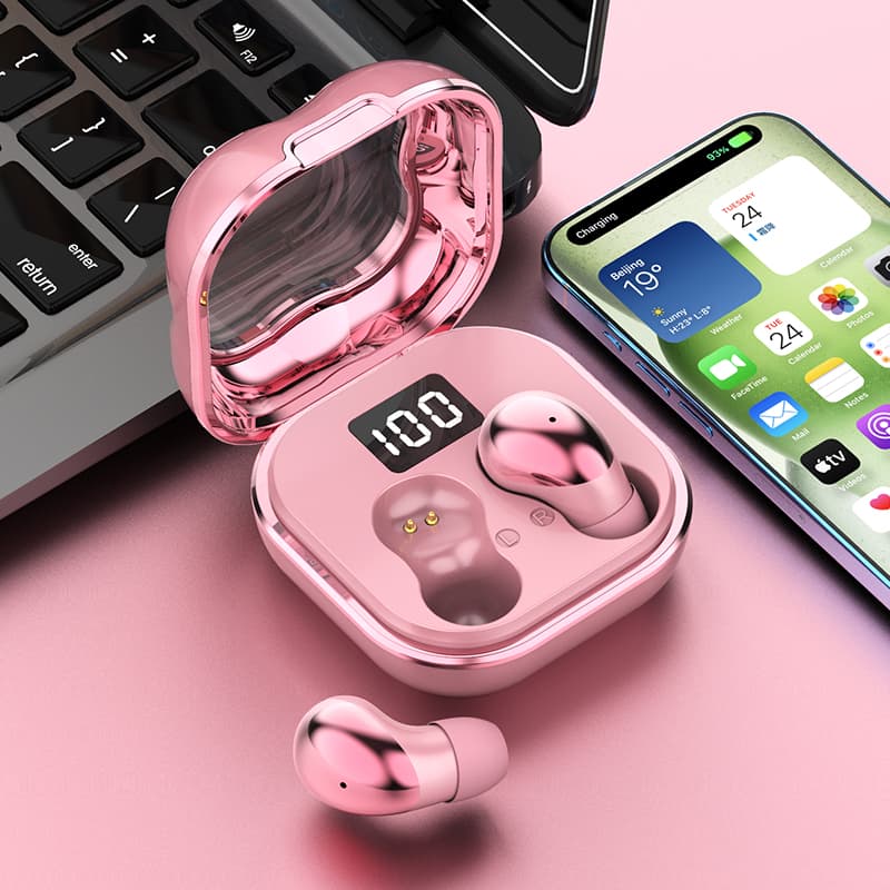 Mini Sleep Wireless Earbuds ENC Noise Cancelling Invisible Soft Silicone Bluetooth Headphones Digital Power Display Pink thumbnail