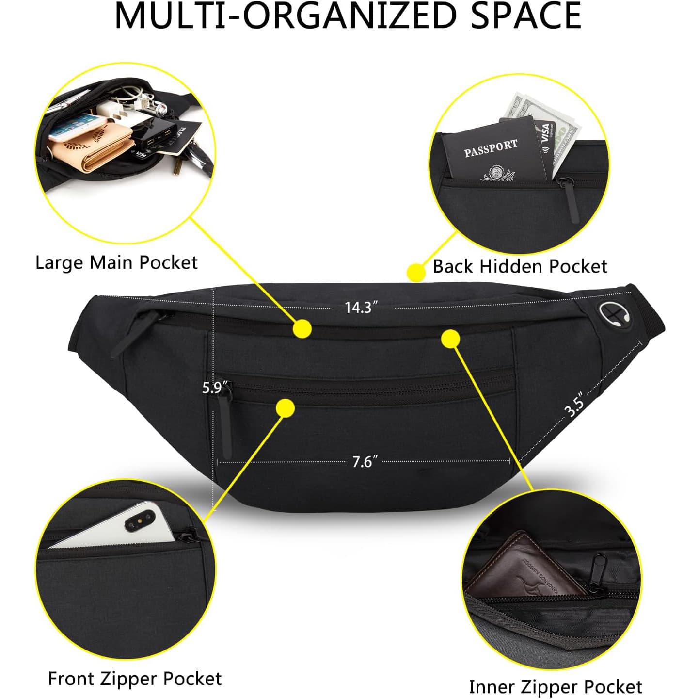 Oxford Cloth Fanny Pack, Multi‑Pocket Water‑Resistant Waist Bag Adjustable Belt Pouch for Travel Sports Daily Use image 4