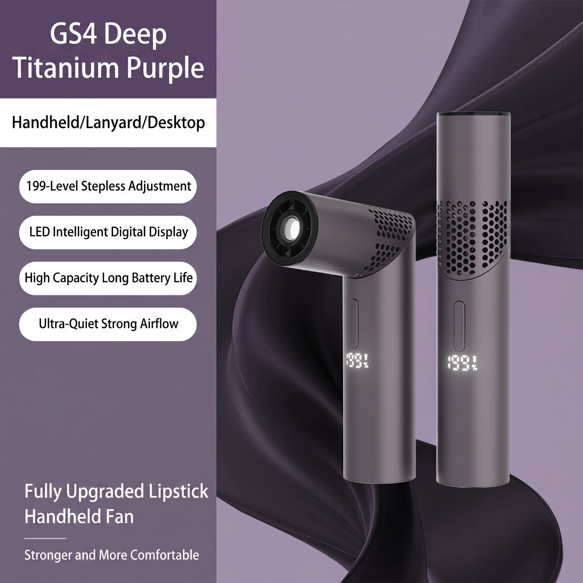 GS4 Lipstick Handheld Fan 199 Speed 180° Rotatable LED Display Rechargeable Pocket Mini Fan Purple grey thumbnail